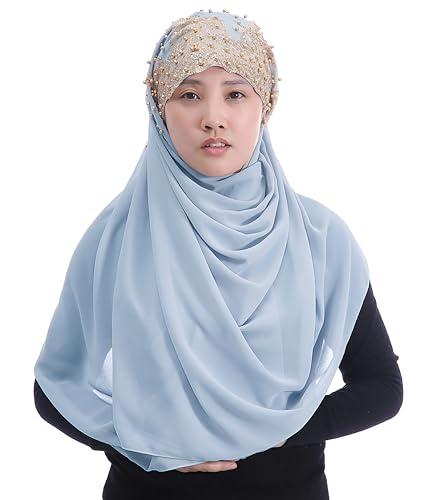 Lina & Lily Premium Chiffon Hijab Head Scarf Wrap with Gold Sequins Glitters Beads for Muslim Women - color: Baby Blue
