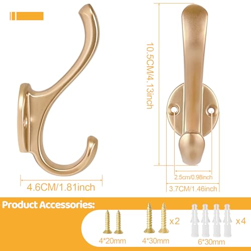6 Pack Coat Hooks Wall Mount Heavy Duty Utility Retro Double Hooks for Hanging Coats,Hat, Towel, Key, Robe, Scarf, Bag, Cap (Gold) - color: 6 Pack-Gold