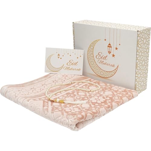 Modefa Muslim Prayer Rug Islam - Ramadan Gifts Set with Prayer Mat & Tasbih Prayer Beads - Soft Plush Islamic Gifts for Women Muslim Gifts for Men - Luxury Velvet Gift Box Set (Light Pink) - color: Light Pink
