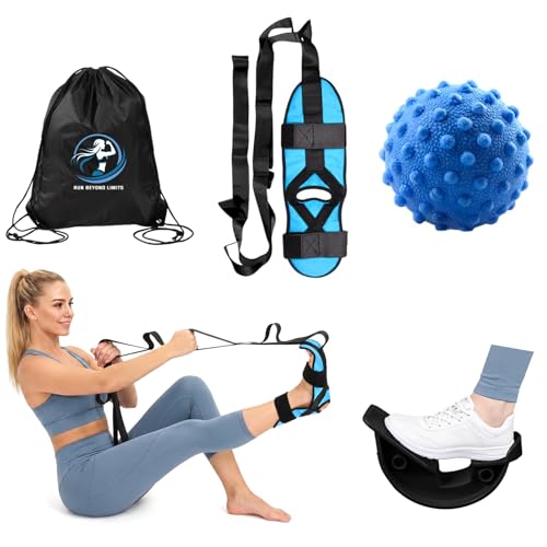 Foot and Calf Stretcher for Plantar Fasciitis Relief - Foot Rocker with Yoga Stretching Strap, Hamstring & Achilles Stretcher - Non-Slip Home Physical Therapy Equipment for Flexibility & Recovery