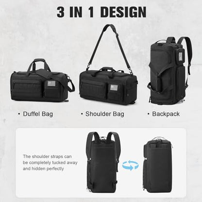 G4Free 3-in-1 Duffle Bag Travel Gym Sports, Large Tactical Duffel Backpack | 50L/65L with Shoes Compartment and Wet Pocket, Military Workout Bag for Men and Women, Black - color: Black