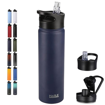HASLE OUTFITTERS Insulated Water Bottle 22 oz Double Wall Stainless Steel Water Bottle Wide Mouth with Straw Lid & Spout Lid Keeps Cold or Hot(Navy,1) - color: Navy, size: 22 Ounces