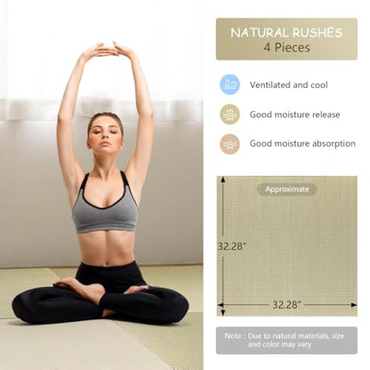 HAGiHARA Japanese Tatami Mat, Patchwork Tatami Floor Mats, 64" x 64" Foldable Square with Non-Slip Design for Bedroom, Crawling and Yoga, Made of Rush Grass, Igusa(Without Edge/4 Picecs) - size: 4pieces