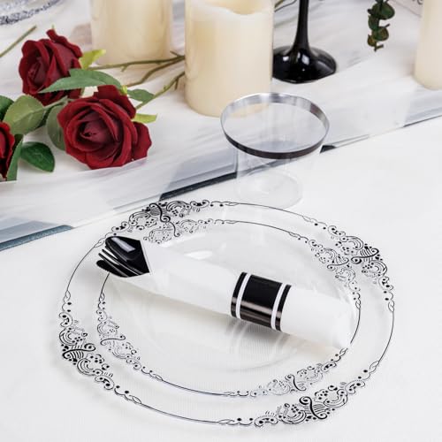 Hioasis 175pcs Clear and Black Plates - Black Party Plates for 25 Guest, Include 50 Heavy-duty Plates(20% Thicker Than Standard), 25 Pre Rolled Gold Plastic Silverware Set, 25 Cups - color: Clear and Black