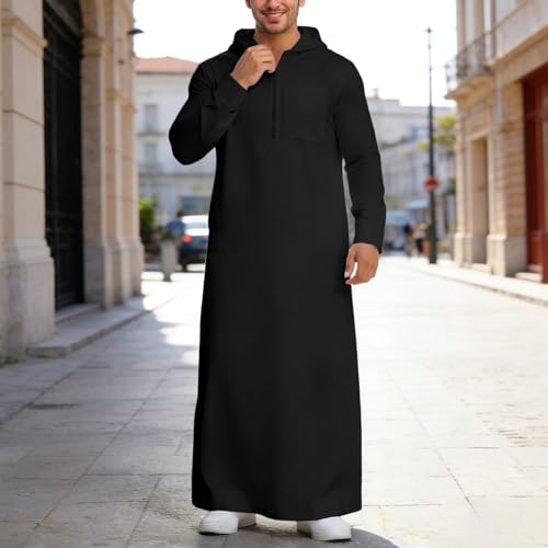 Mens Kaftan Thobe Casual Long Sleeve Zipped Hoodies Caftan Robe Muslim Gown Kurta Tops Arabic T Shirts with Pockets - color: Black, size: Small