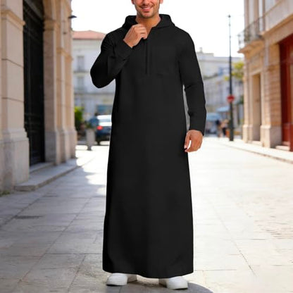 Mens Kaftan Thobe Casual Long Sleeve Zipped Hoodies Caftan Robe Muslim Gown Kurta Tops Arabic T Shirts with Pockets - color: Black, size: Small