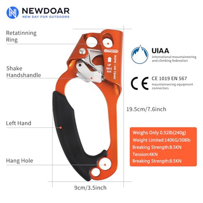 NewDoar UIAA & CE Certified Hand Ascender Rock Climbing Tree Arborist Rappelling Gear Equipment Rope Clamp for 8~13MM Rope - color: Orange-Left+Blue-Right