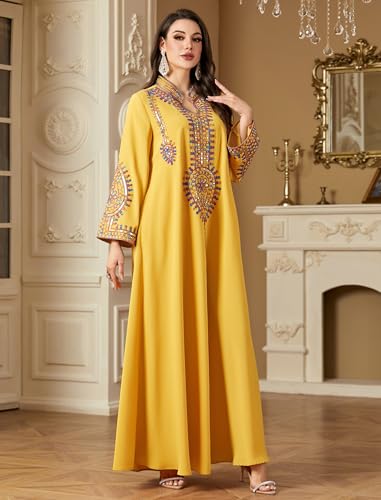 ABEWIP Muslim Dresses for Women Ramadan Kimono Long Sleeve Embroidered Islamic Prayer Dress Turkey Dubai Eid Abaya Kaftan - color: Yellow, size: XX-Large