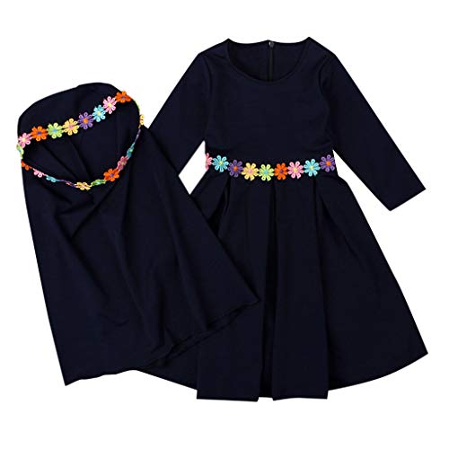Baby Hijab Set Kids Muslim Prayer Kaftan Dress Clothes for Girls Long Sleeve Ramadan Abaya Dress Maxi Islamic Set - color: Dark Blue, size: 2-3T