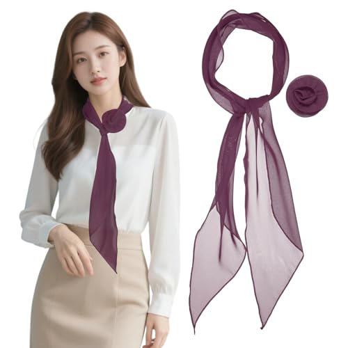 Chiffon Scarf for Women, Long Skinny Chiffon Neckerchief with Detachable Rose Flower Light Soft for Hair Ribbon - color: Mauve