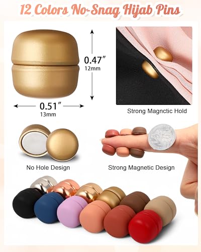 Janinka 12 Pairs Muslim Hijab Magnets Pins with 2 Scarf Set Instant Hijabs for Women Strong Magnetic Pins Lightweight Wrap Chiffon Head Scarves Shawl No-snag Multi-use for Ramadan Clothes Outfit
