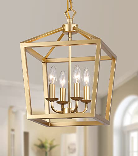 AMZASA Gold Lantern Chandelier Hanging Pendant Light Fixture 4-Lights for Kitchen Island Dining Room Hallway Entryway Foyer UL Listed - color: Gold