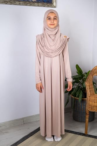 ihvan online Muslim Dress for Girls, Long Sleeve One-Piece Islamic Prayer Dress, Hijab for Kids, Girls Abaya, Islamic Gifts - color: Ecru