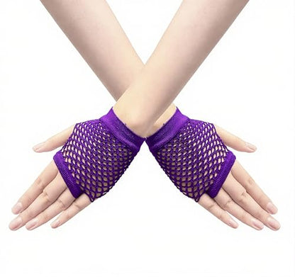 Short Fishnet Gloves for Women Fingerless Mesh Fishing Net Gloves 80s Fish Net Arm Sleeves Halloween Party Cosplay Costume - color: Purple