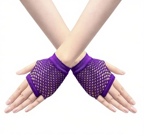 Short Fishnet Gloves for Women Fingerless Mesh Fishing Net Gloves 80s Fish Net Arm Sleeves Halloween Party Cosplay Costume - color: Purple