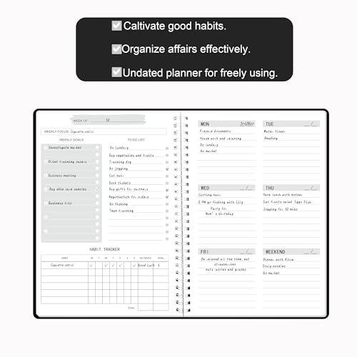Undated Weekly Planner, Weekly Goals Notebook, A5 To Do List Planner, Habit Tracker Journal with Spiral Binding, 5.7 x 8.0 in, Black - color: Black- A5 Weekly Planner