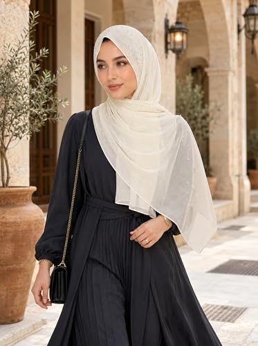 Chiffon Hijab Scarf for Women, Rhinestone Pearl Muslim Head Scarf, Lightweight Shawl Wrap - color: Beige