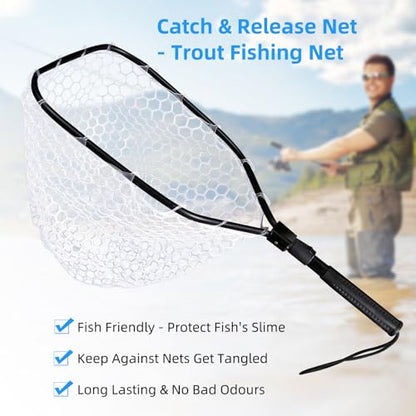 Fly Fishing Net, Soft Mesh Trout with Handle, Catch and Release Landing for Freshwater, Saltwater, Gift for Anglers & Fly Fishing Enthusiasts - style: Folding Net