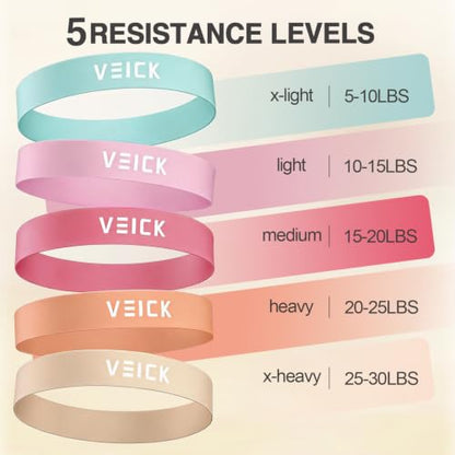 VEICK Resistance Loop Bands Set of 5, Exercise Bands with 5 Resistance Levels, Stackable Workout Bands for Strength Training, Pilates, Fitness Gear for Men Women Home Gym Office Travel - color: Light Pink