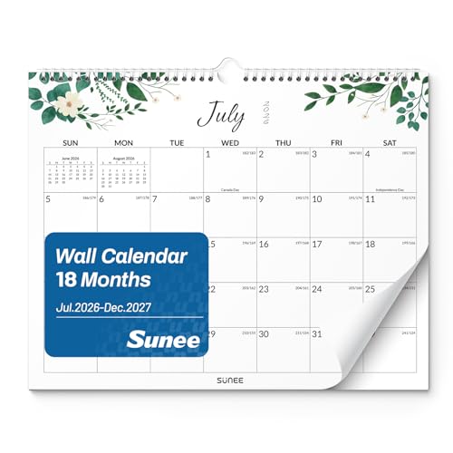 SUNEE Wall Calendar 2026-2027 18 Months Jul. 2026 - Dec. 2027, 14.5"x11.5" Big Grid Hanging Calendar for Organizing & Planning, Monthly Calendar 2026-2027 with Last Month and Next Month, Greenery - color: Greenery