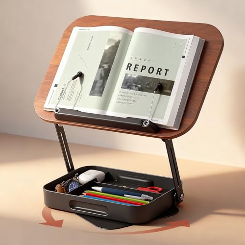 Book Stand for Reading Hands Free, 360° Rotating & Foldable Book Holder Stand for Desk with Storage Box, Carbon Steel Cookbook Recipe Book Holder for Kitchen, Office, Bible Study (Brown)