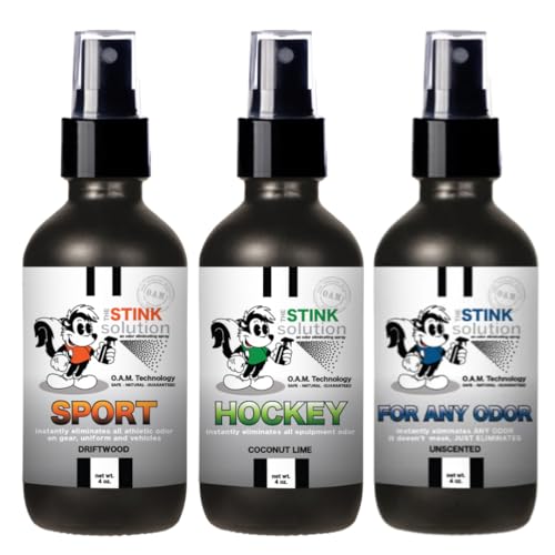 The Stink Solution Unscented, Sport, & Hockey Odor Eliminator Spray | Sports & Hockey Gear Deodorizer for Gloves, Cleats, Equipment, Shoes 3 4 oz Bottles in Unscented, Driftwood, & Coconut Lime Scents