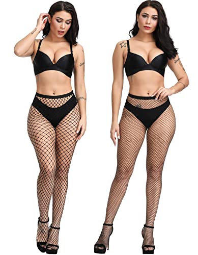 E-Laurels Womens High Waist Patterned Fishnet Tights Suspenders Pantyhose Thigh High Stockings Black - color: Black 2 Pcs M+l