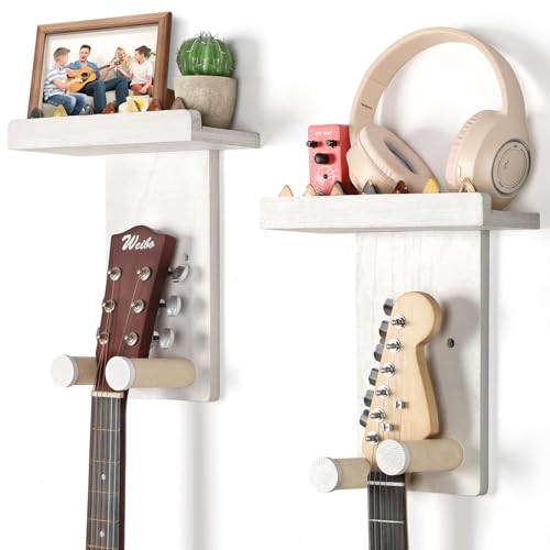 Keebofly Guitar Wall Mount Hangers with Rustic Wood Shelf - 2 Pack, Wall Stand Holder Hook Rack for Acoustic or Electric Guitar,Ukulele,Bass,White,[Patented] - color: 2 Pack_White