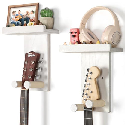 Keebofly Guitar Wall Mount Hangers with Rustic Wood Shelf - 2 Pack, Wall Stand Holder Hook Rack for Acoustic or Electric Guitar,Ukulele,Bass,White,[Patented] - color: 2 Pack_White