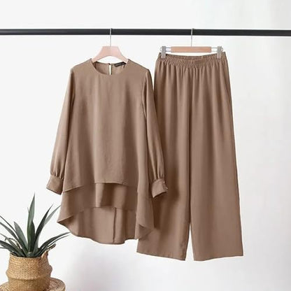 Muslim Casual 2 Piece Set For Women Long Sleeve Loose Top Wide Leg Pants Suit Plus Size Outfit Prayer Clothes - color: 1-khaki, size: Medium