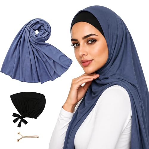 Hijab Scarf for Women, 3PCS Set with Undercap and Hijab Clip Lightweight Modal Muslim Head Wrap Scarf for Daily - color: Sy9-blue Hijab+black Undercap