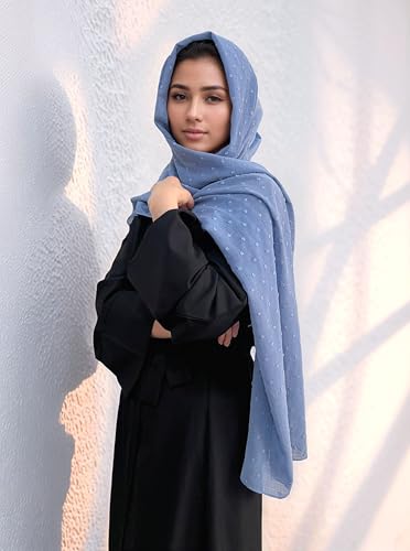 Chiffon Dotted Hijab Scarf for Women, Lightweight Textured Head Wrap Shawl,Soft Muslim Headscarf for Spring Fall - color: Mcmqxf2531-6#hazyblue