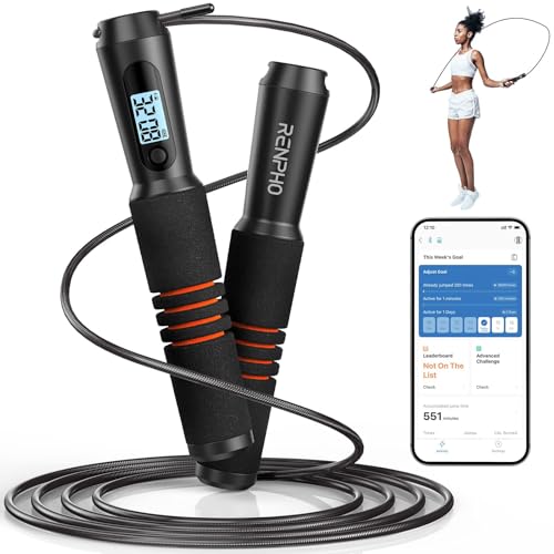 RENPHO Smart Jump Rope with Counter, App Data Tracking, LCD Display | App Data Storage & Analysis, Tangle-Free Design, Adjustable Workout Rope, Fitness Training for Crossfit, Gym & MMA - color: C-Black Steel wire rope 1 pc