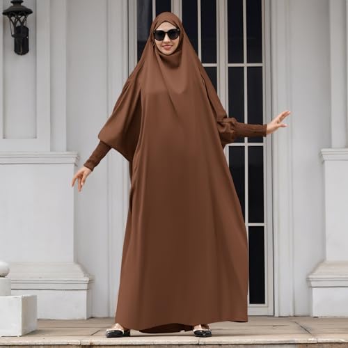 IDOPIP Muslim Abaya for Women One Piece Long Sleeve Islamic Prayer Dress with Hooded Hijab Maxi Kaftan Robe Modest Clothes - color: Coffee