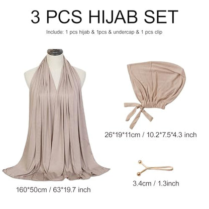 Hijab Scarf for Women, 3PCS Set with Undercap and Hijab Clip Lightweight Modal Muslim Head Wrap Scarf for Daily - color: Sy18-light Khika Hijab+light Khika Undercap