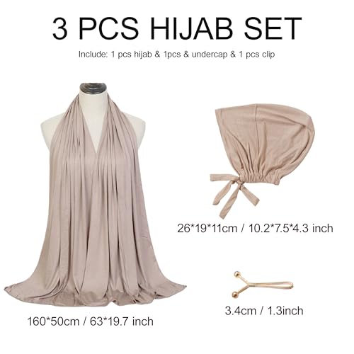 Hijab Scarf for Women, 3PCS Set with Undercap and Hijab Clip Lightweight Modal Muslim Head Wrap Scarf for Daily - color: Sy18-light Khika Hijab+light Khika Undercap