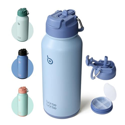 BOTTLE BOTTLE 32oz Insulated Water Bottle with Pill Box | Stainless Steel,Sport Water Bottle, with Straw Dual-use Lid and Pill Box, Design for Gym - color: blue