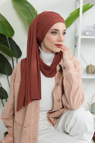 Aisha's Design Instant Hijab Scarves for Women, 95% Cotton Pretied Bonnet Turban Easy to Wear Cotton Headscarf - color: Cinnamon