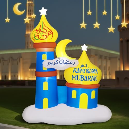 Lewondr 6.04FT Outdoor Inflatable Moon Decorations, Waterproof Inflatable Eid Mubarak Decor, Blow Up Muslim Holy Ramadan Celebration Decor with LED Lights, Outdoor Muslim Holidays Inflatables for Yard - style: Moon and Mosque