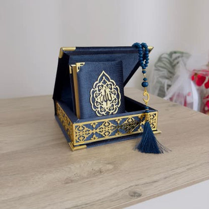 Velvet Covered Quran Tasbeeh Set - Holy Quran Prayer Beads, Wooden Gift Box, Islamic Wedding & Graduation Gift, Muslim Eid & Ramadan Favor (Navy Blue) - color: Navy Blue