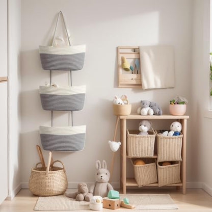 3-Tier Woven Cotton Rope Hanging Basket, Over the Door Organizer, Adjustable Detachable Wall Basket with Metal & Adhesive Hooks, No Drilling for Farmhouse, Boho Home and Wall Decor - style: White&Grey