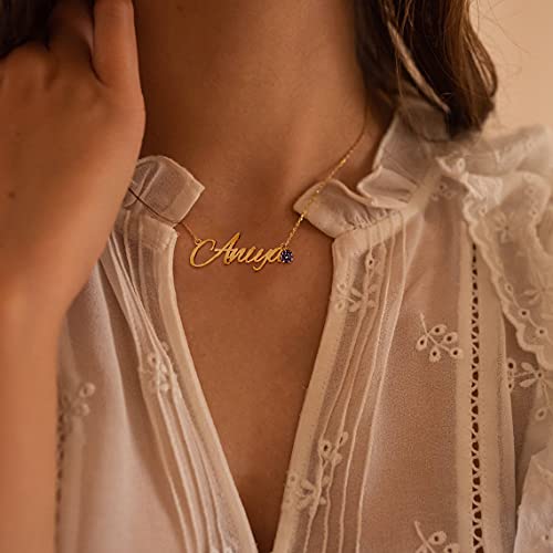 Custom Name Necklace Personalized, 18K Gold Plated Customized Nameplate Necklace Dainty Jewelry Gift for Women, Bridesmaid - color: Number-Name Necklace with Birthstone