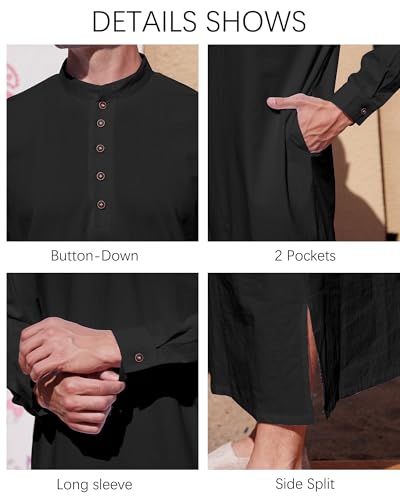 YAOHUOLE Muslim Thobe for Men Button down Mens Caftans Big and Tall Mens Arab Thobe with Pocket - color: Black, size: Large