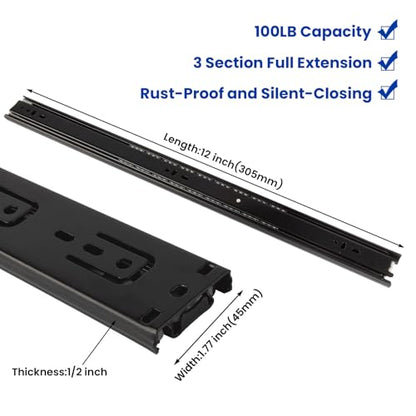 LONTAN 10 Pairs Black Side Mount Drawer Slides 12 Inch Heavy Duty Rails | Electro-Coated Cold Rolled Steel; 100lb Capacity Full Extension; Smooth Ball Bearing Glides; Quick Release Easy Setup - color: Black, size: 12 Inch - Drawer Slide