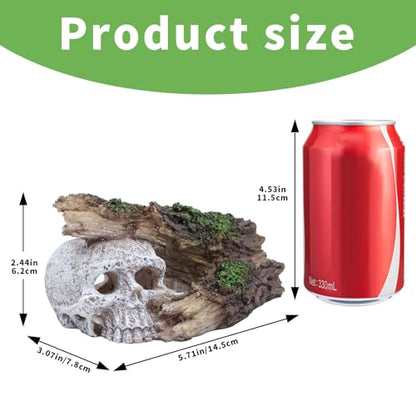 Skull Fish Tank Decor, Resin Aquarium Cave with Realistic Tree Trunk, Hollow Hideout for Betta Fish, Shrimp and Small Fish, Gothic Aquarium Ornament, 5.7 in