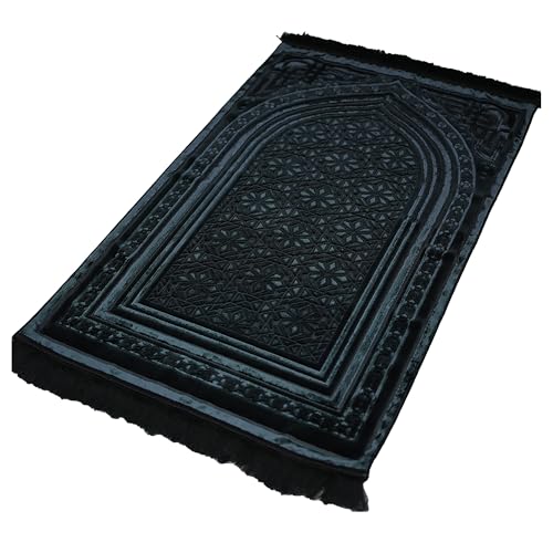 Modefa Luxury Velvet Prayer Rug with Prayer Beads | Soft Elegant Muslim Turkish Janamaz Sajada Carpet for Men and Women | Plain Solid Prayer Mat Ramadan Eid Gift - Najma (Black) - color: Najma Black