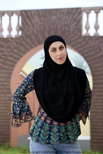 SARJANA Women's Solid Color Cotton Hijab with Under Scarf Cap Ready to Wear Stretch Scarves Long Scarfs FREE SIZE - color: Black