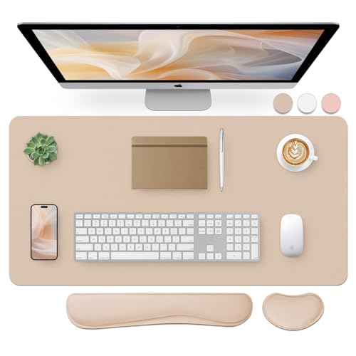 Bloss Leather Desk Pad and Keyboard Wrist Rest, Large Mouse Pad + Keyboard Pad+Mouse Wrist Support, Non-Slip Desk Mat Protector for Office, Home(31.5×15.7 Inches,Beige) - color: Beige-wrist Rest, size: 31.5" x 15.7"