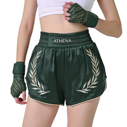 Women's Green & Gold Muay Thai MMA Shorts Athena with Built-in Safety Compression Tights. Muay Thai Kickboxing Training - size: 4X-Large