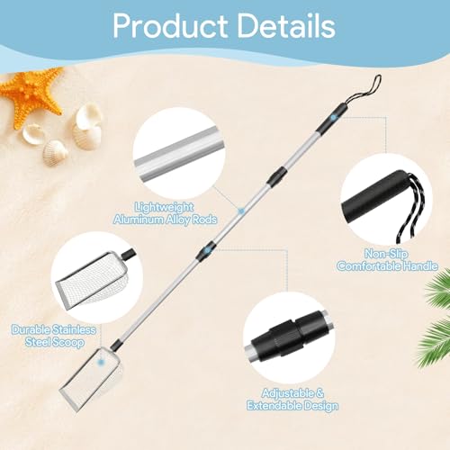 2 Pack Sand Sifter, Beach Shark Tooth Sifter Shell Scooper with Two Bags | Shell Scooper for Beach Dipper Scoop with Long Adjustable Handle Shovel Tool for Picking Up Shells Shovels - size: 2 Pieces Sifter + 2 Pieces Bag